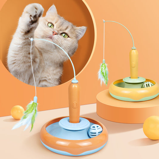 2-in-1 Pet Cat Toy with Feather – Self-Play Turntable Toy